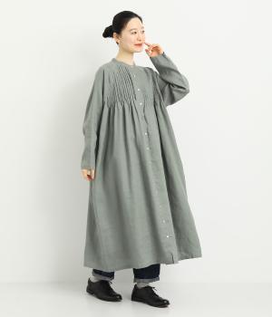 14番手リネンラグランスリーブ前あきワンピース(ダルグリーン-F)
