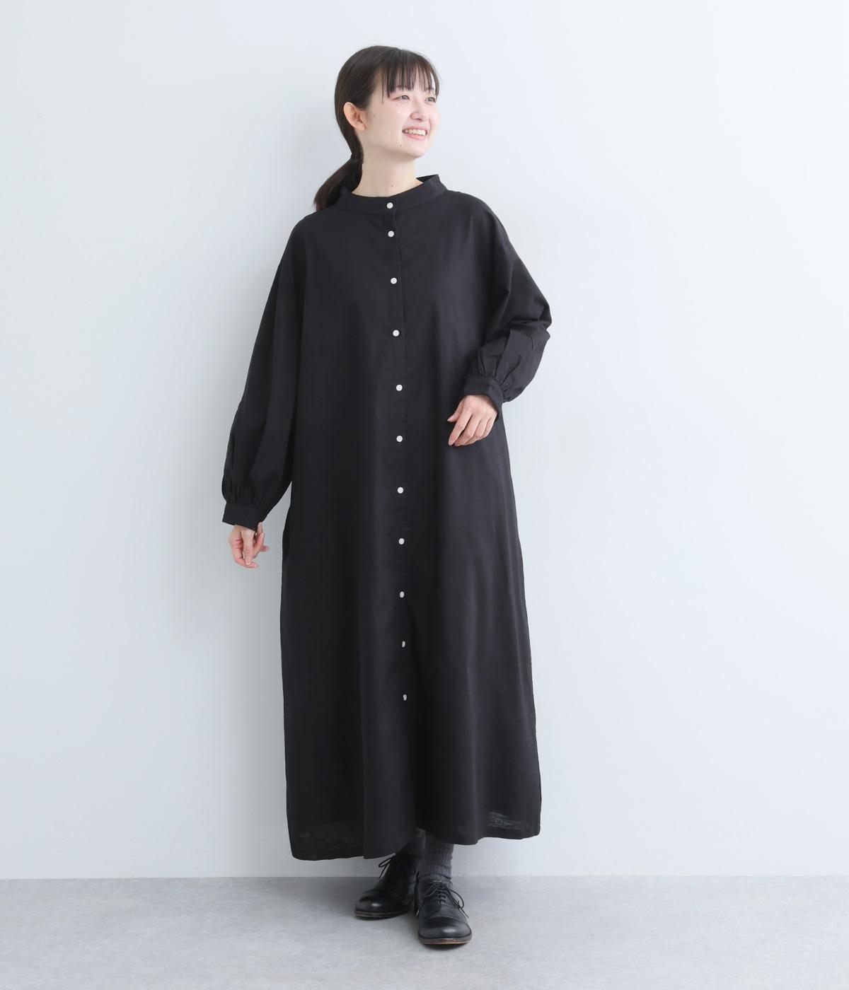 コットンリネンボリューム袖ワンピース(ブラック-F)