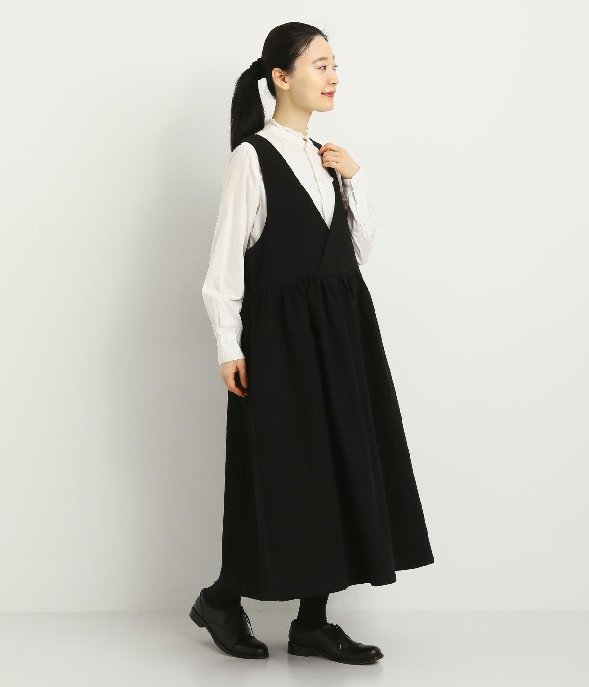 コットンリネンダブルガーゼ後ボタンジャンパースカート(ブラック-F)