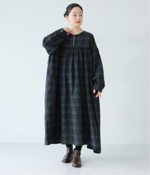 14番手リネン前ボタンギャザー切り替えワンピース