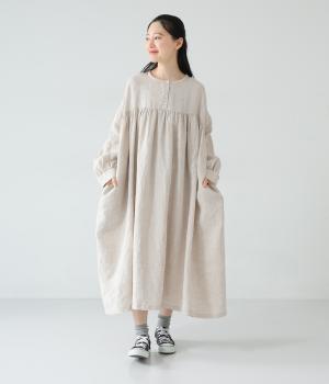 14番手リネン前ボタンギャザー切り替えワンピース(キナリ-F)