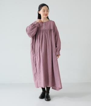 14番手リネン前ボタンギャザー切り替えワンピース(ダスティパープル-F)
