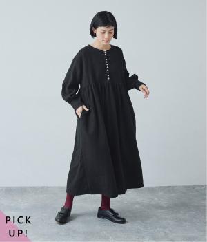 別注｜コットンリネン起毛ボリューム袖ワンピース(ブラック-F)