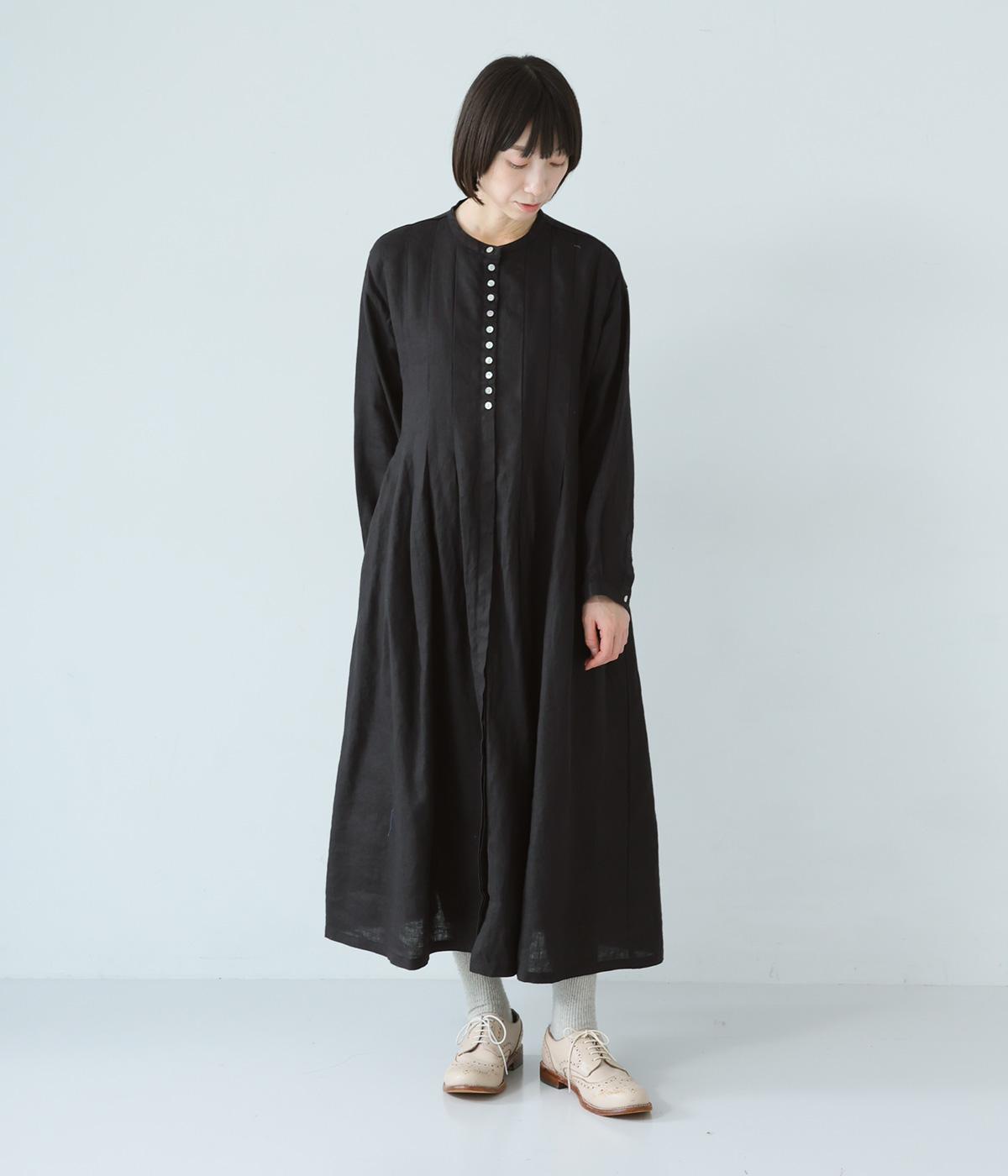 14番手リネンワイドタックワンピース(ブラック-F)