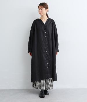14番手リネンボリューム袖前あきワンピース(ブラック-F)