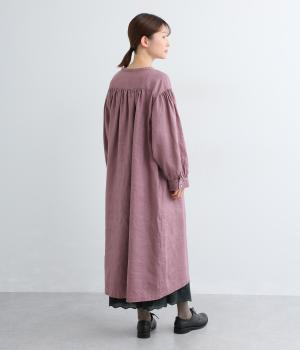 14番手リネンボリューム袖前あきワンピース(ダスティパープル-F)