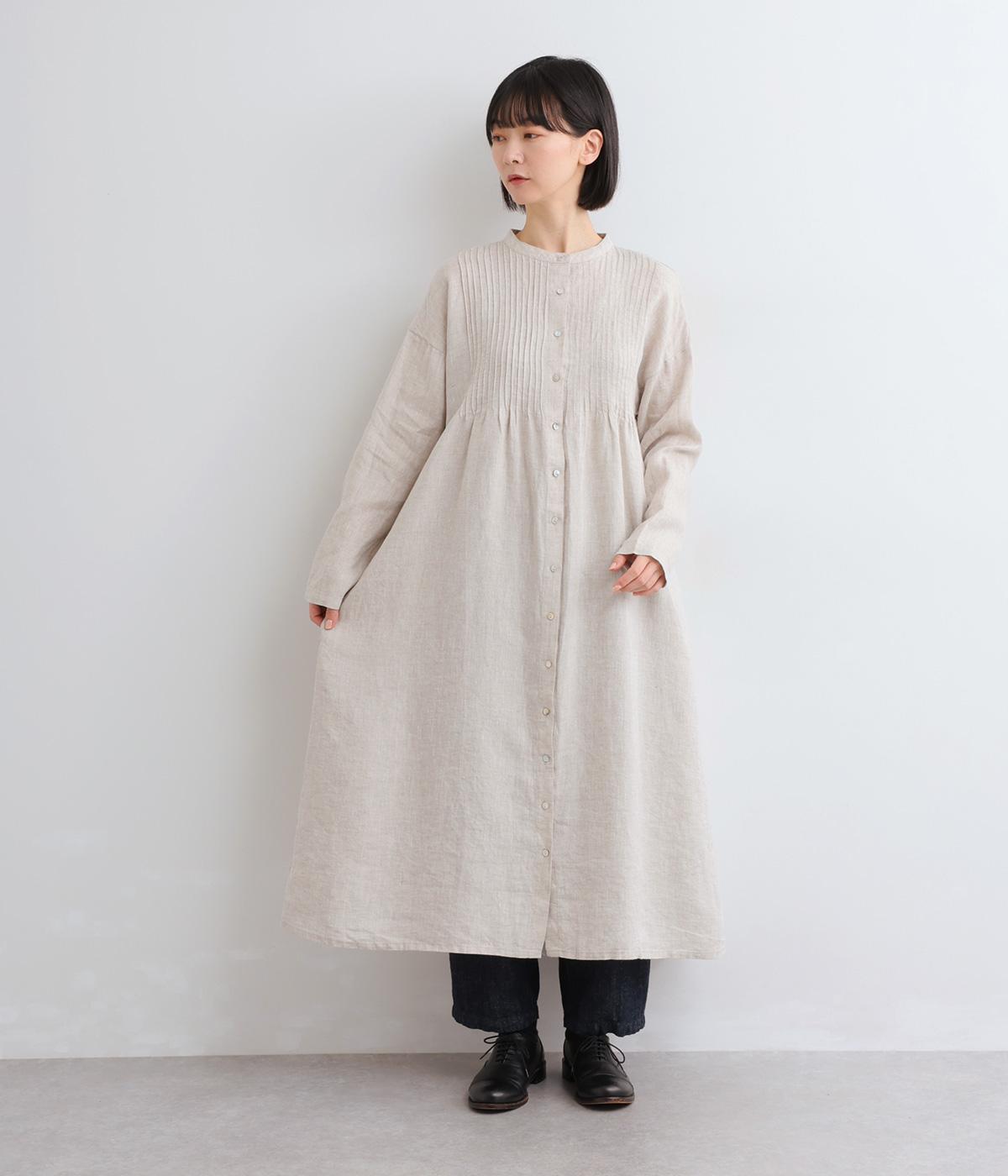 14番手リネンバンド襟ピンタック前あきワンピース(キナリ-F)