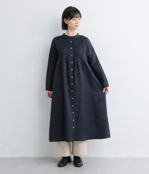 14番手リネンバンド襟ピンタック前あきワンピース(ネイビー-F)