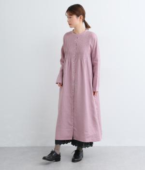 14番手リネンバンド襟ピンタック前あきワンピース(ダスティピンク-F)