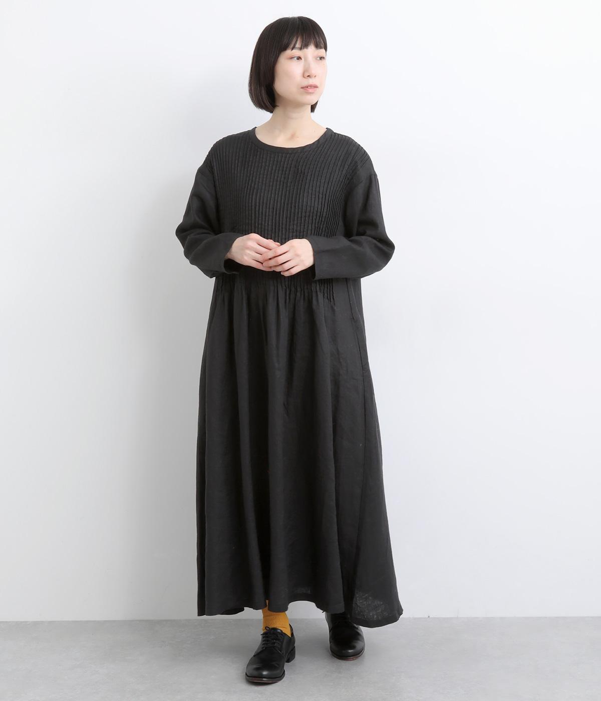 14番手リネン細ピンタックワンピース(ブラック-F)