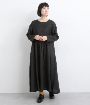 14番手リネン細ピンタックワンピース(ブラック-F)