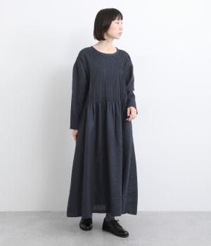 14番手リネン細ピンタックワンピース(ネイビー-F)