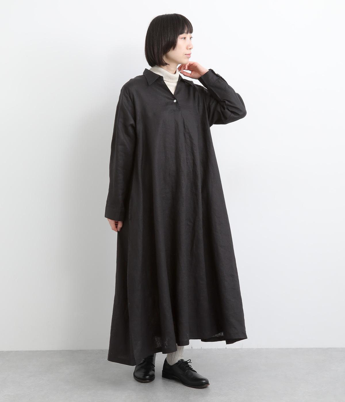14番手リネン一つボタンシャツワンピース(ブラック-F)