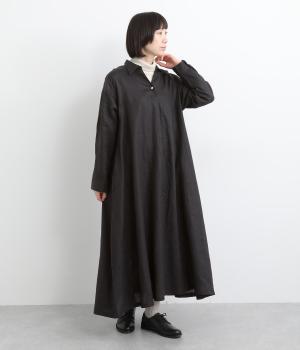 14番手リネン一つボタンシャツワンピース(ブラック-F)