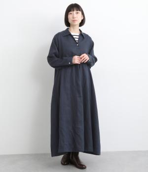 14番手リネン一つボタンシャツワンピース(ネイビー-F)