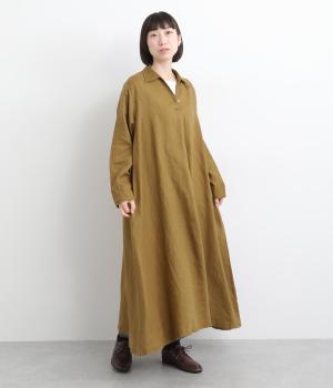 14番手リネン一つボタンシャツワンピース(マスタード-F)