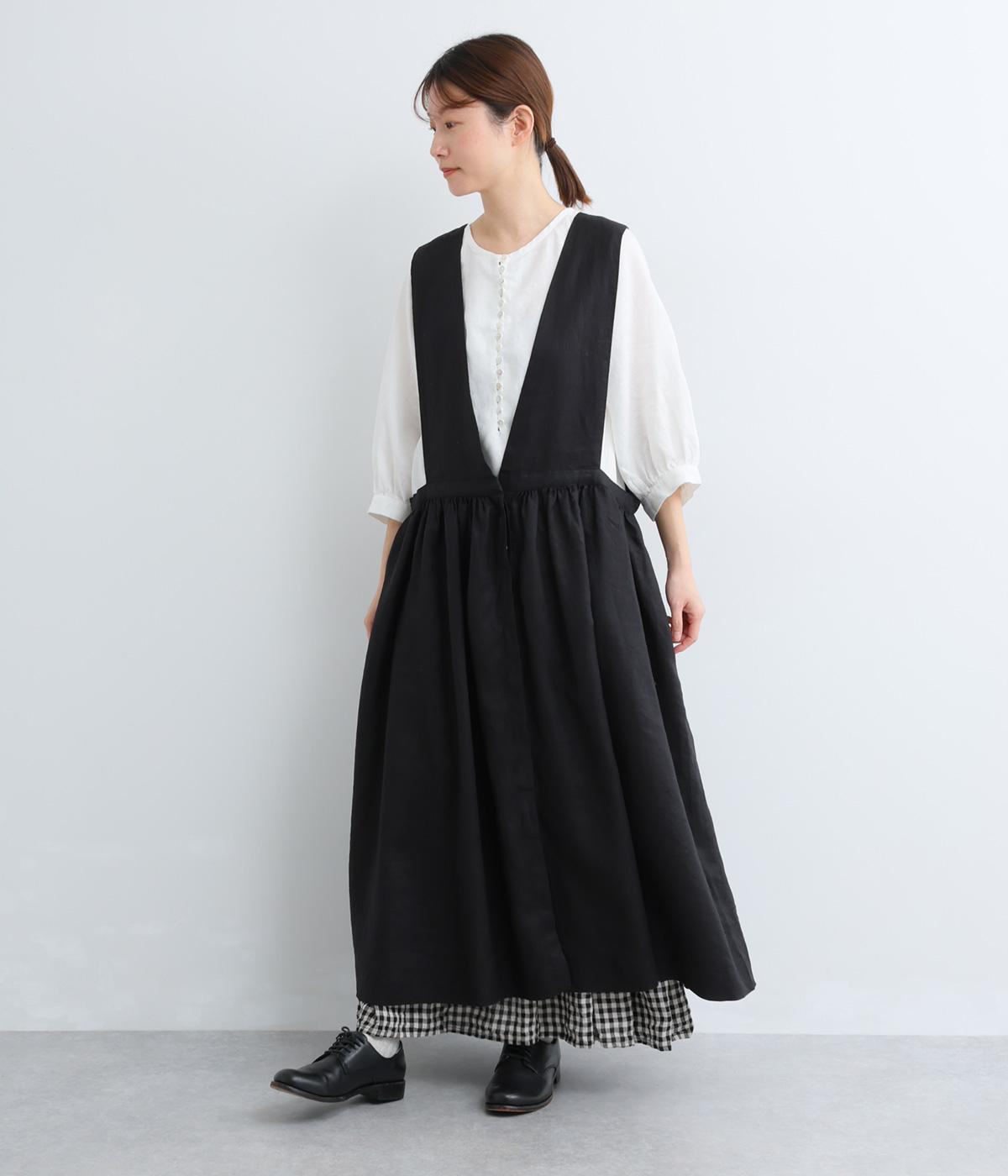 14番手リネン前後着エプロンワンピース(ブラック-F)
