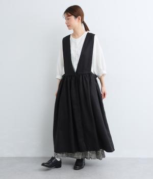 14番手リネン前後着エプロンワンピース(ブラック-F)