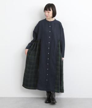 9番手リネン×14番手リネンギャザーワンピース(ネイビー×ブラックウォッチ-F)