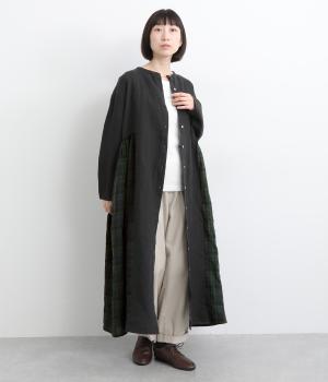 9番手リネン×14番手リネンギャザーワンピース(ブラック×ブラックウォッチ-F)