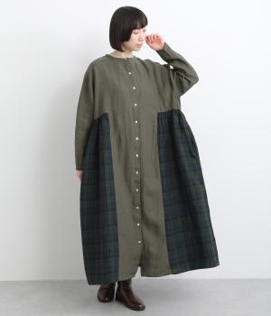 9番手リネン×14番手リネンギャザーワンピース(チャコール×ブラックウォッチ-F)