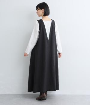 9番手リネン×14番手リネン多ボタンワンピース(ブラック×オフ-F)