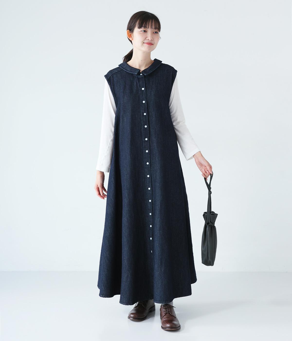 リネンコットンデニム襟付きノースリーブワンピース(インディゴ-F)