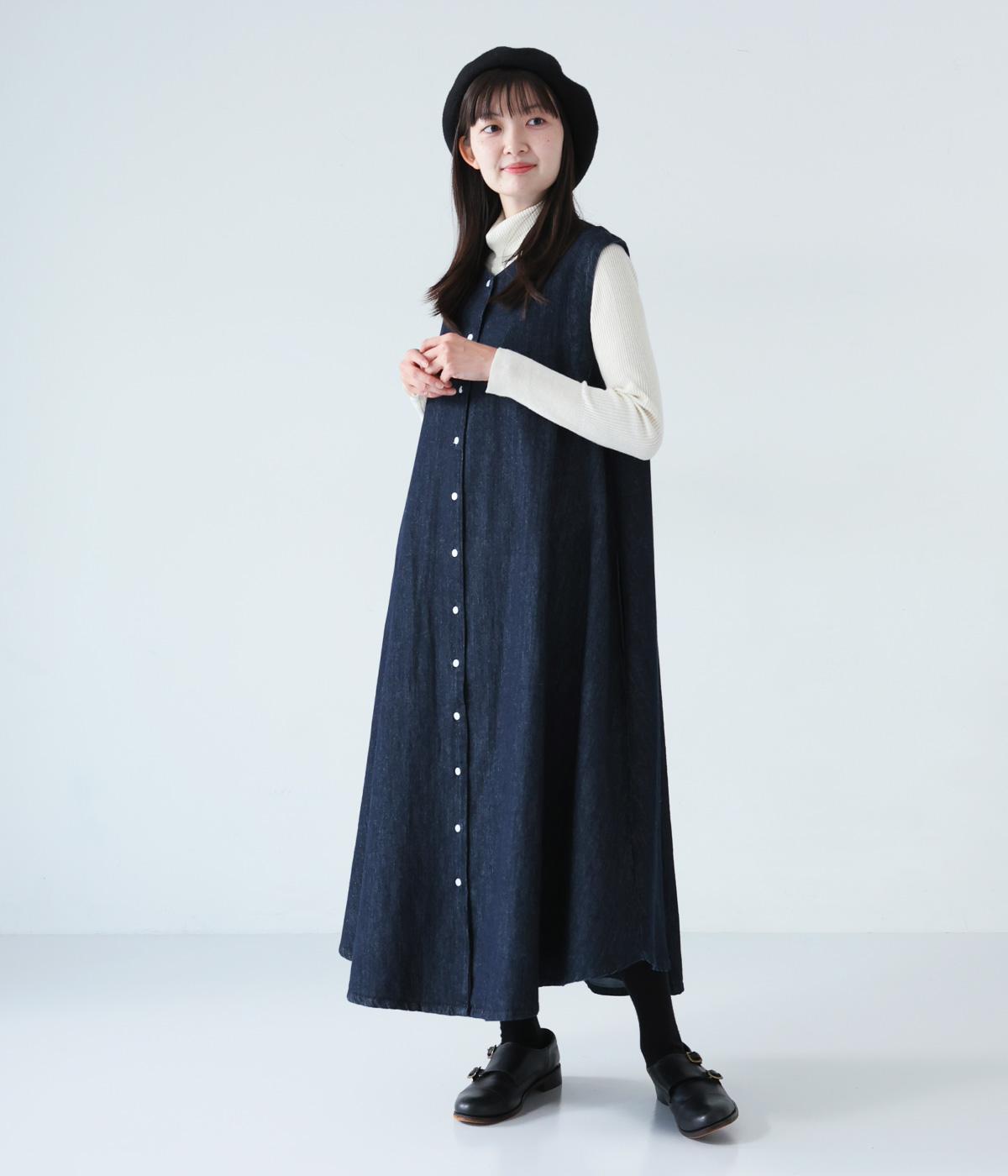 リネンコットンデニムノースリーブワンピース(インディゴ-F)