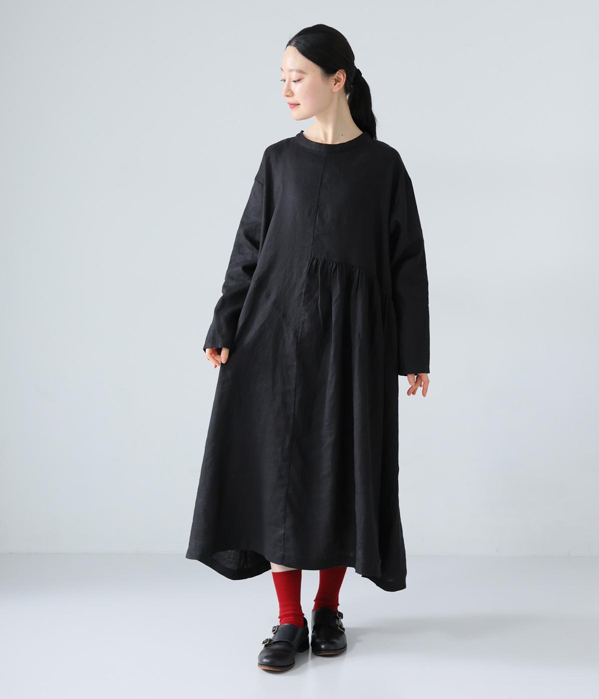 14番手リネンアシンメトリーギャザーワンピース(ブラック-F)
