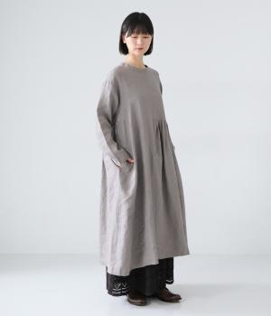 14番手リネンアシンメトリーギャザーワンピース(アッシュグレー-F)