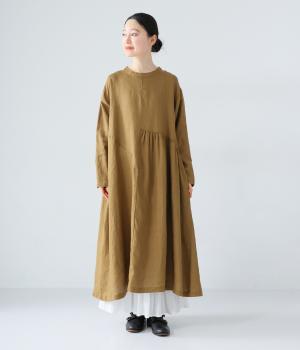 14番手リネンアシンメトリーギャザーワンピース(マスタード-F)