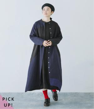 9番手リネンアシンメトリー切り替えワンピース(ネイビー×ブラック×インディゴ-F)