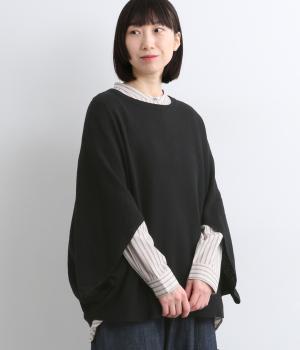 コットンリネンニット鹿の子編みポンチョ(ブラック-F)