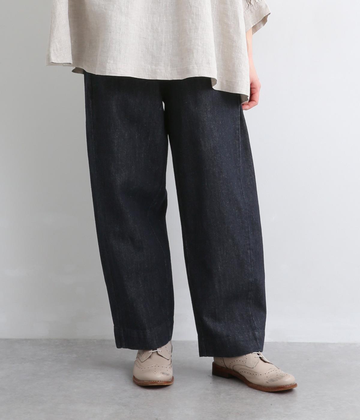 リネンコットンデニム脇切り替えパンツ(インディゴ-F)