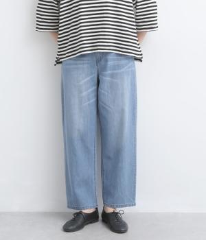 コットンリネン薄手デニムテーパードパンツ(ブルー-M)