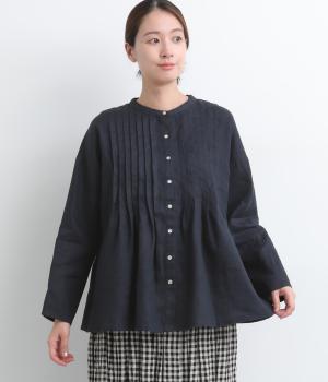14番手リネン前あきタックブラウス(ネイビー-F)