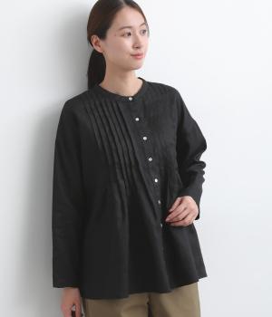 14番手リネン前あきタックブラウス(ブラック-F)