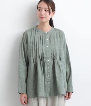14番手リネン前あきタックブラウス(ダルグリーン-F)