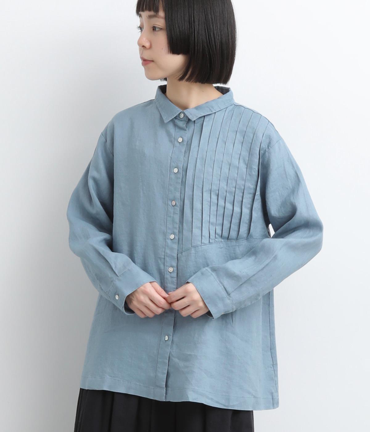 14番手リネンアシンメトリー切り替えシャツ襟ブラウス(アッシュブルー-F)