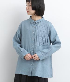 14番手リネンアシンメトリー切り替えシャツ襟ブラウス(アッシュブルー-F)