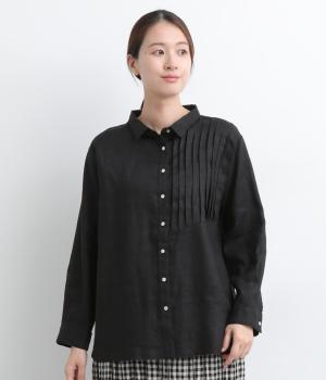 14番手リネンアシンメトリー切り替えシャツ襟ブラウス(ブラック-F)