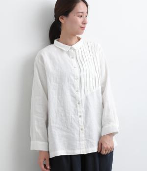 14番手リネンアシンメトリー切り替えシャツ襟ブラウス(オフ-F)