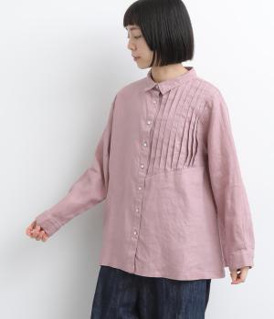 14番手リネンアシンメトリー切り替えシャツ襟ブラウス(ダスティピンク-F)