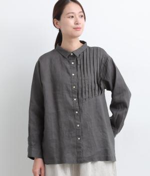 14番手リネンアシンメトリー切り替えシャツ襟ブラウス(アッシュグリーン-F)