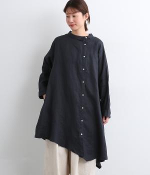14番手リネンずれたシャツ襟チュニック(ネイビー-F)