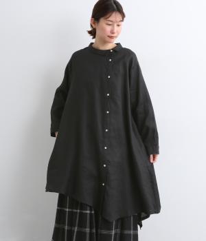 14番手リネンずれたシャツ襟チュニック(ブラック-F)