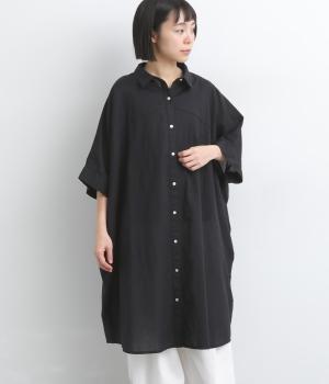 コットンリネンボイルシャツ風チュニック(ブラック-F)