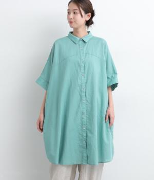 コットンリネンボイルシャツ風チュニック(ターコイズ-F)