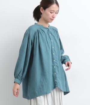 リネンシャンブレー前あきギャザーブラウス(ターコイズ-F)