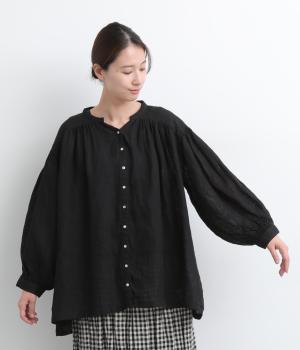 リネンシャンブレー前あきギャザーブラウス(ブラック-F)